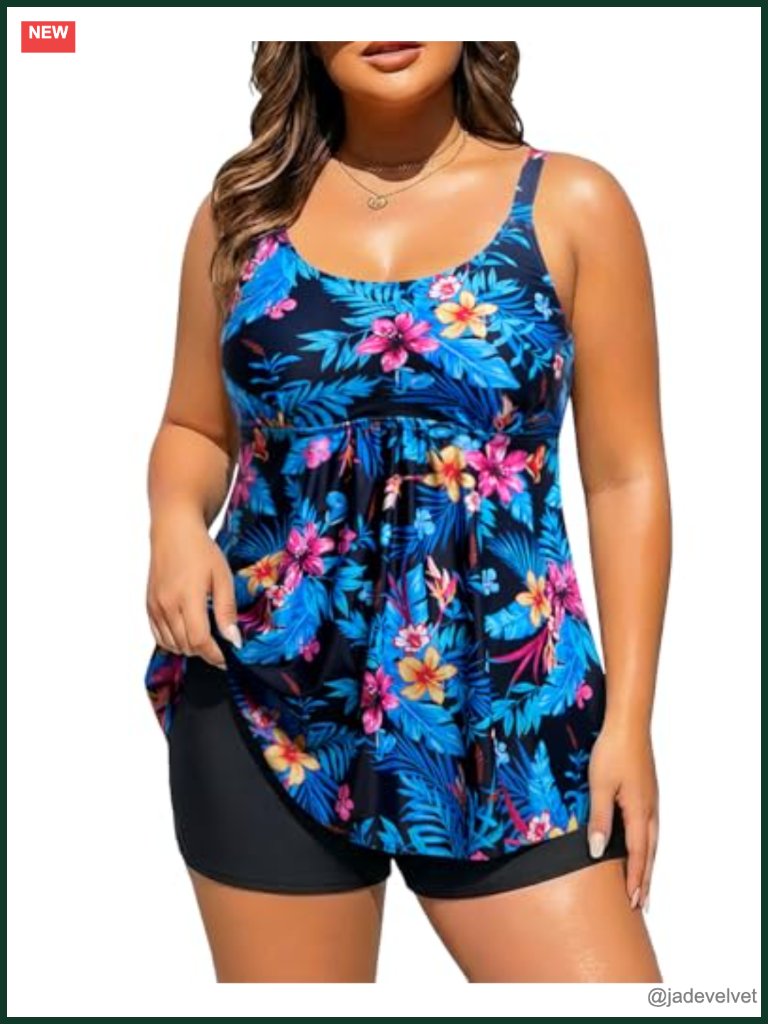Plus Size Tankini With Boy Shorts Flowy Swim Top Tummy Control